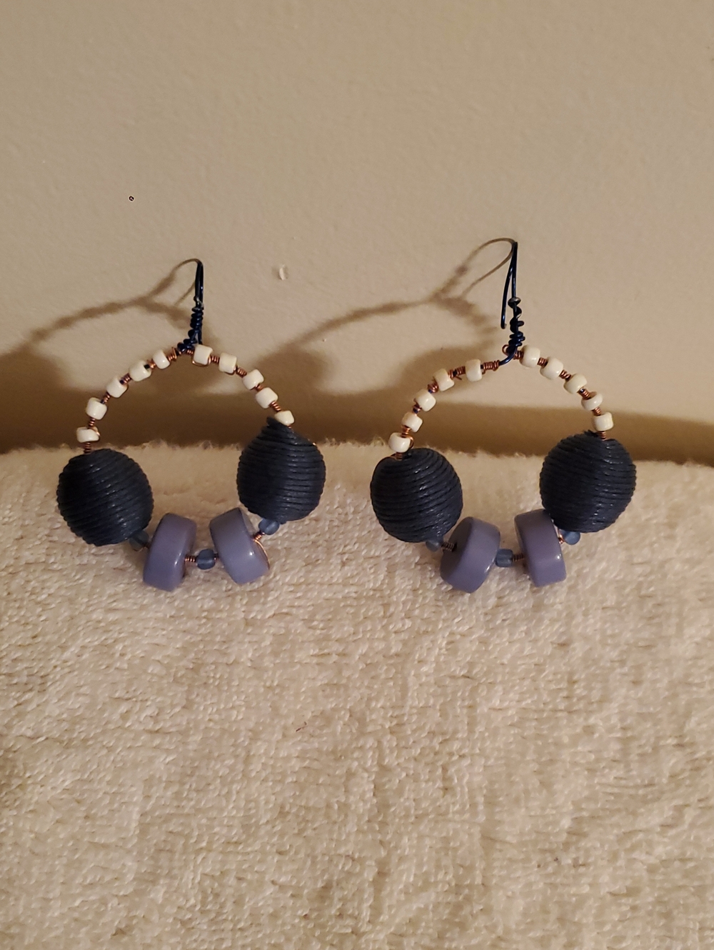 Handcrafted Navy Blue and Lavender Beaded Hoop Earrings